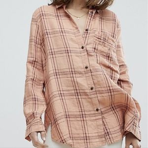 Free People Coral Plaid Long Sleeve Tunic Top L